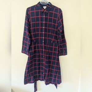 J Crew Women's 14 Blue Red Check / Plaid Button Shirt Dress Waist Cinch Collar
